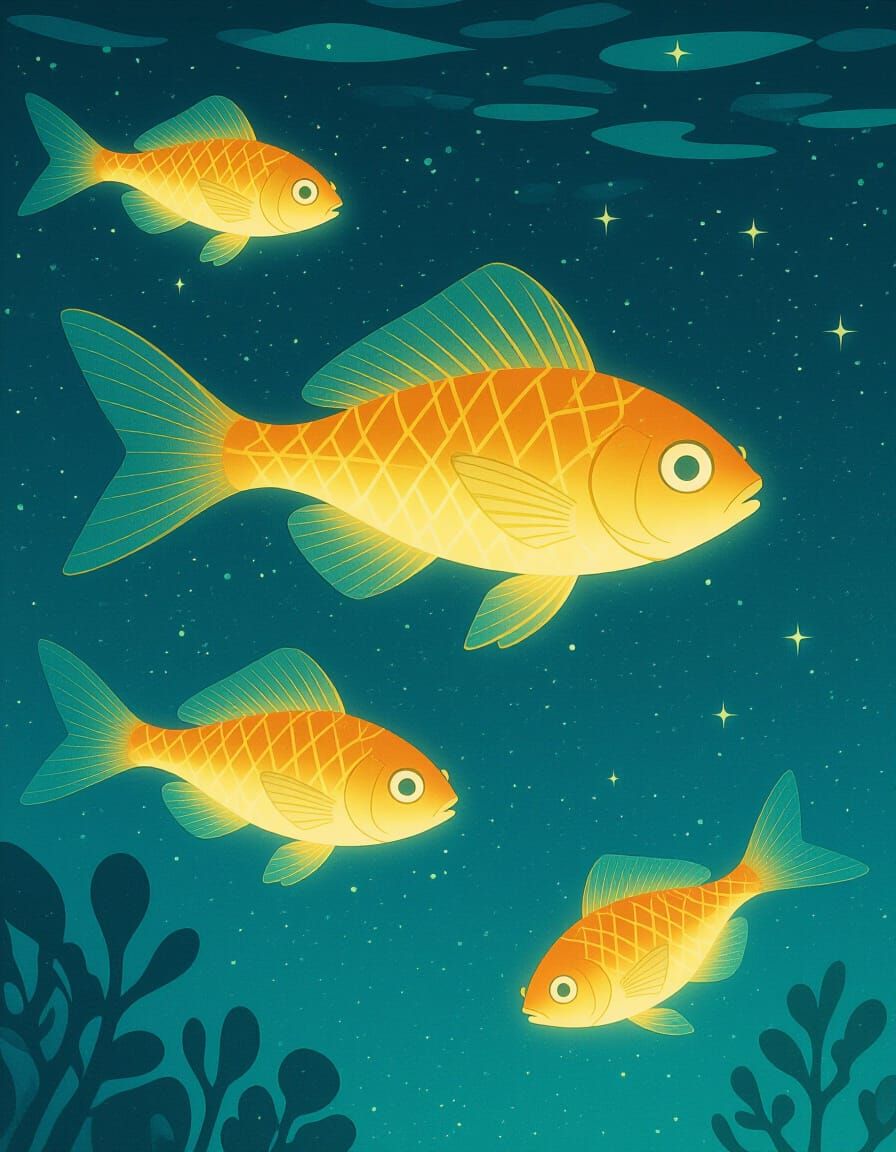 Bioluminescent Fish in Teal Ocean, Anime Art
