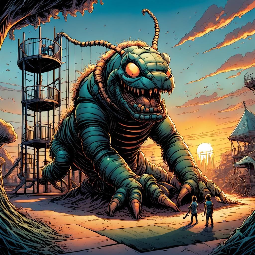 Horrific Caterpillar Feast at Sunset: Comic Book Art