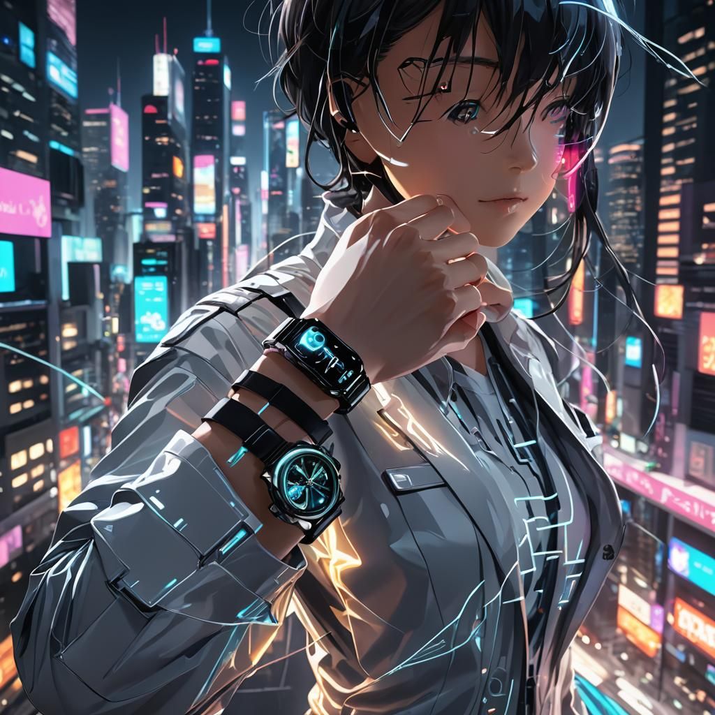 Futuristic Anime Cityscape with Smart Watch in 3D