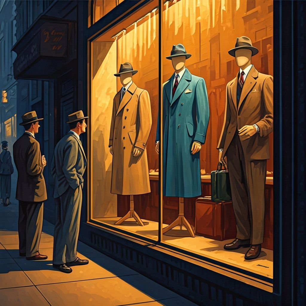 1950s Men's Fashion Store Window with Bold Oil Brushwork