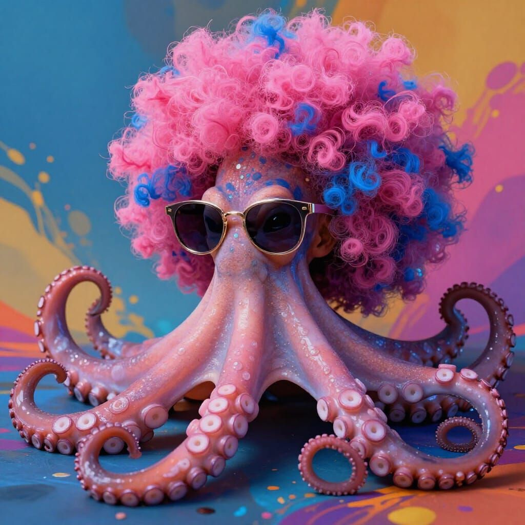 Octopus in Pink Blue Afro Wig and Sunglasses