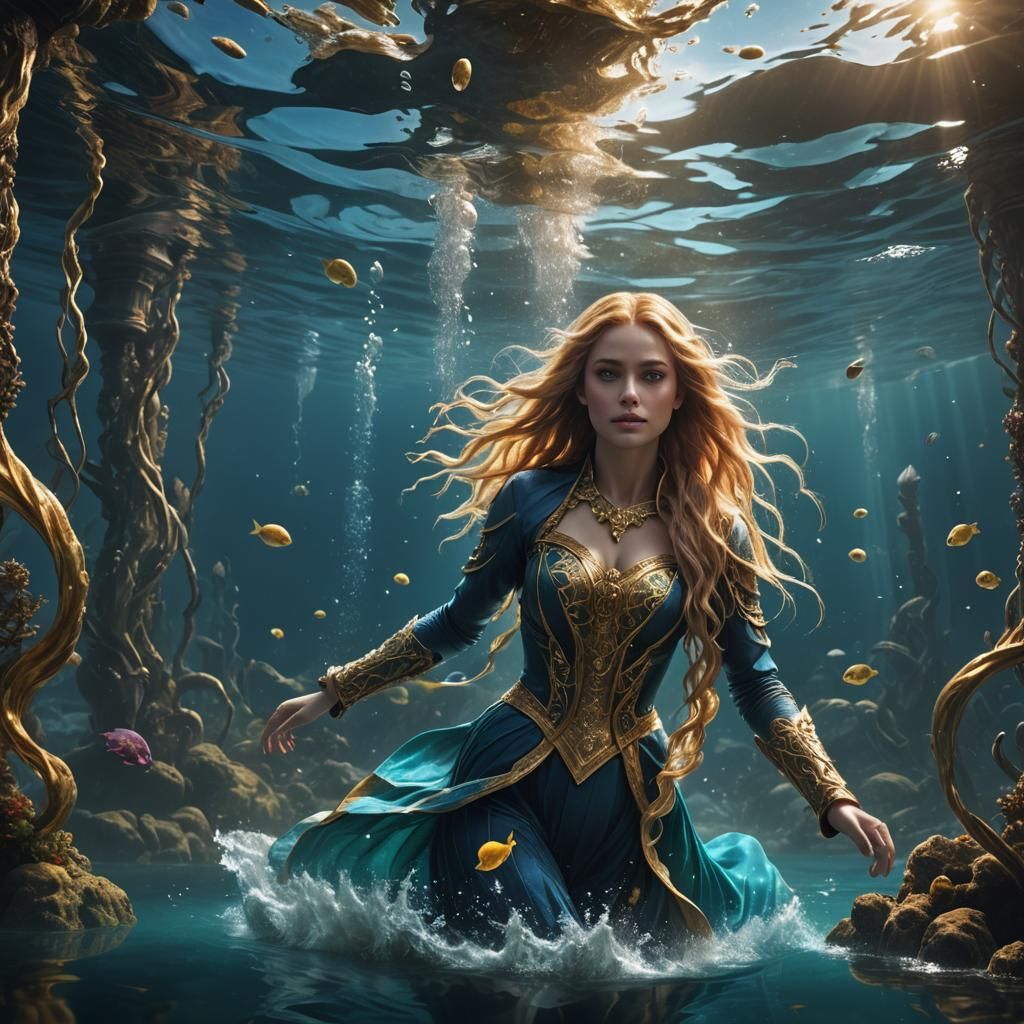 Golden-Haired Woman Walks Underwater: Fantasy Art