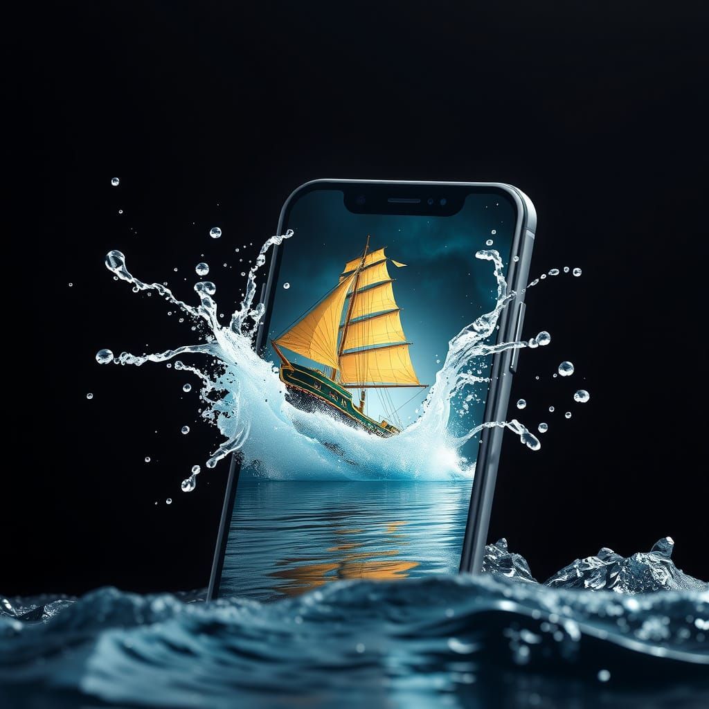 Ship Emerges From Phone Screen With Splash Effect