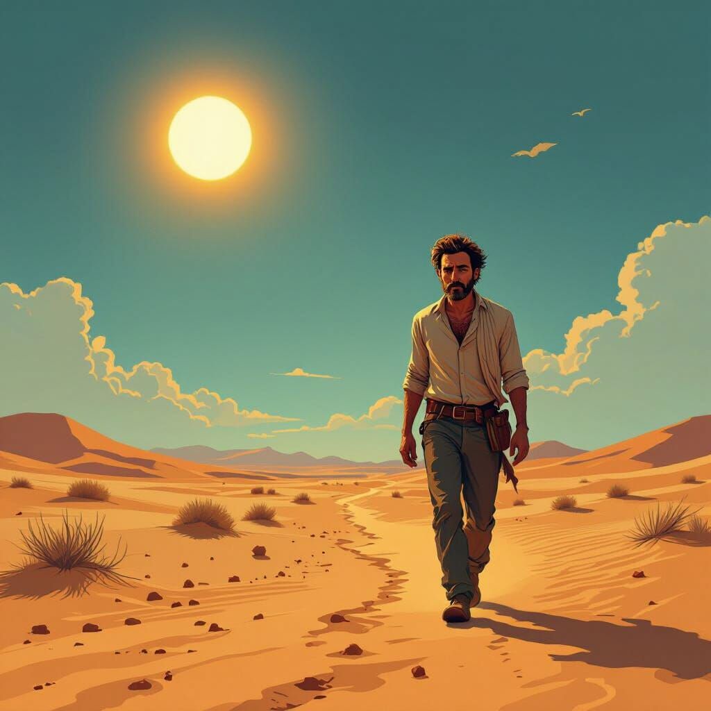 Thoughtful Man Walks Desert Path Under Hot Sun