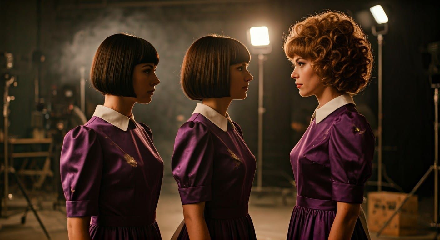 Vintage Film Studio Scene with Women in Purple Dresses