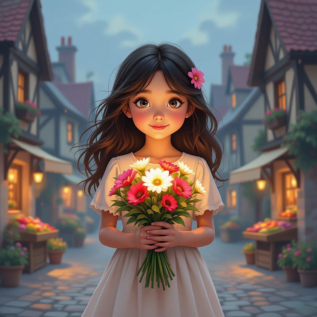 Girl with Glowing Flowers in Quaint Village Square