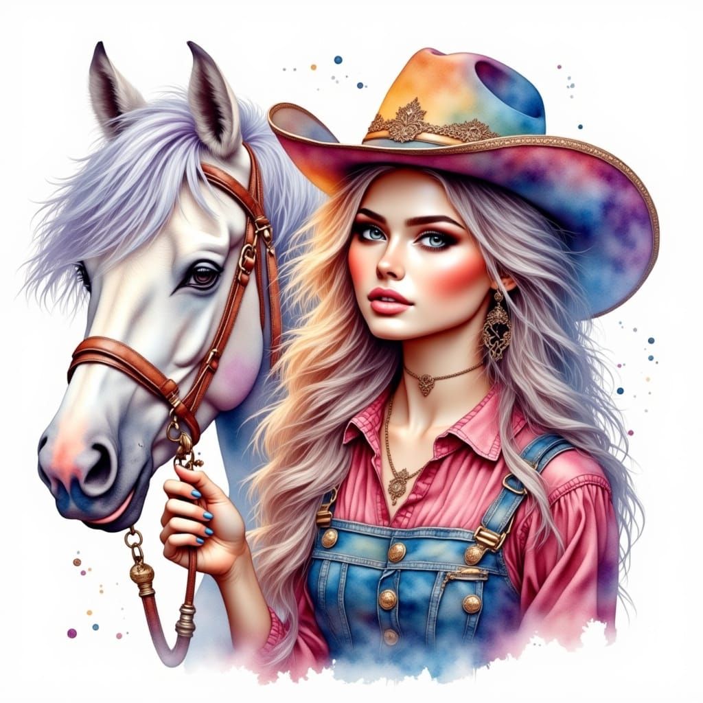 Gorgeous Prairie Cowgirl in Watercolour