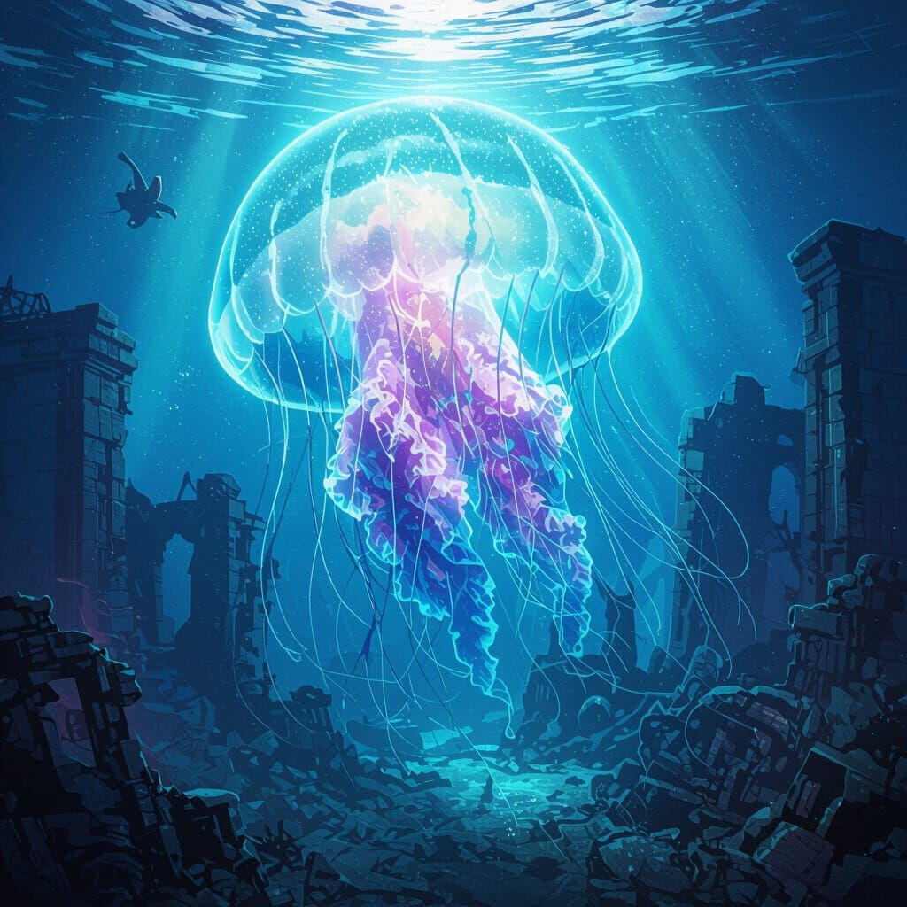 Bioluminescent Jellyfish Illuminates Sunken City Ruins