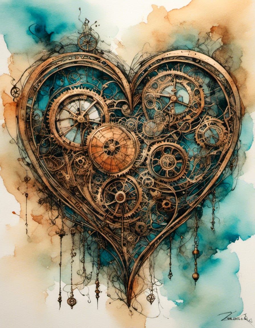 Steampunk Heart in Watercolor and Zentangle Style