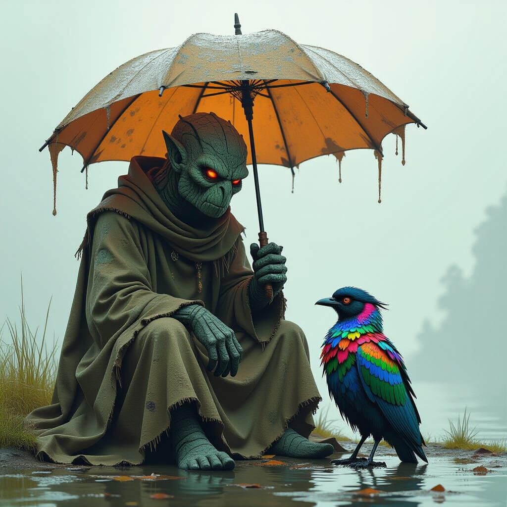 Stone Being and Bird Share Stories Under Broken Umbrella