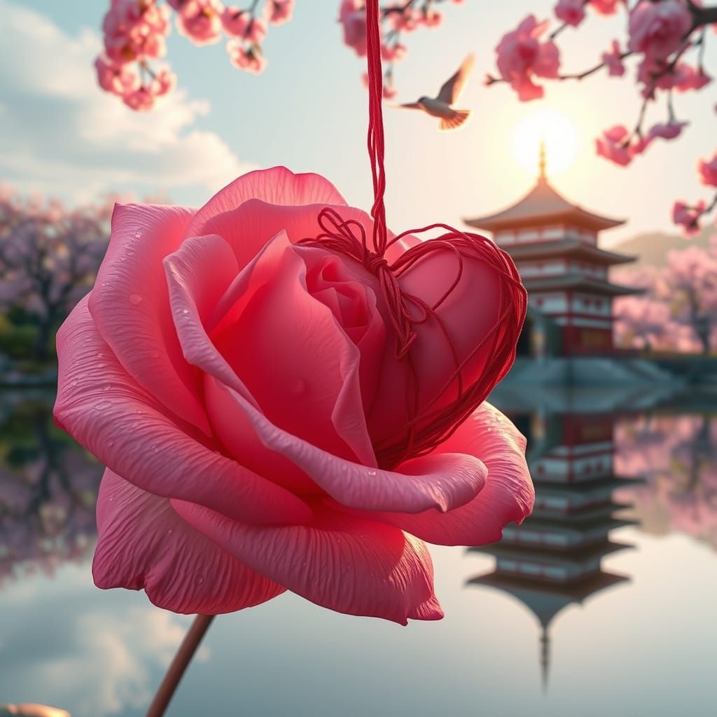 Japanese-Inspired Rose Scene with Cherry Blossoms and Temple