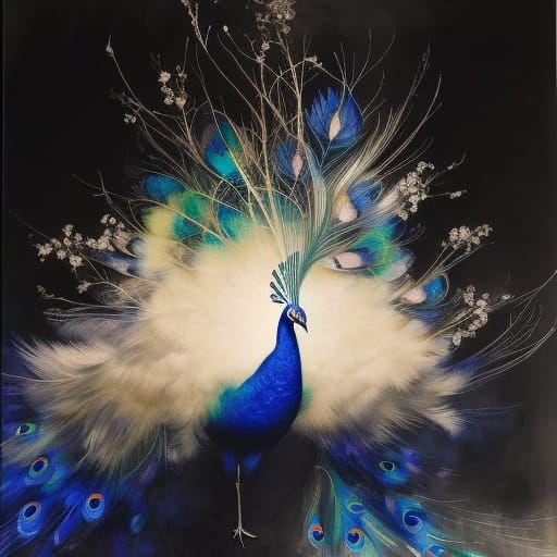 Glowing Celestial Peacock in Mixed Media Illustration