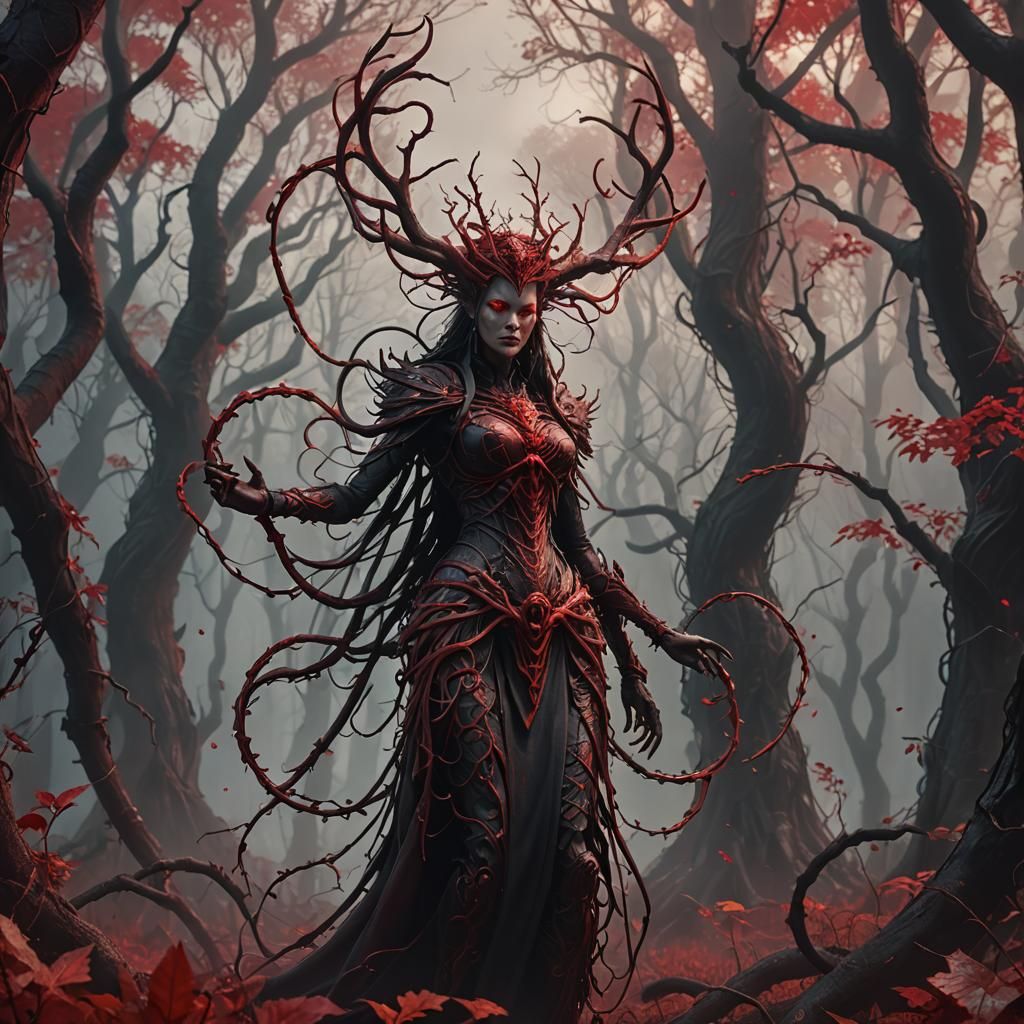 Evil Goddess of Bloody Vines in Foggy Forest