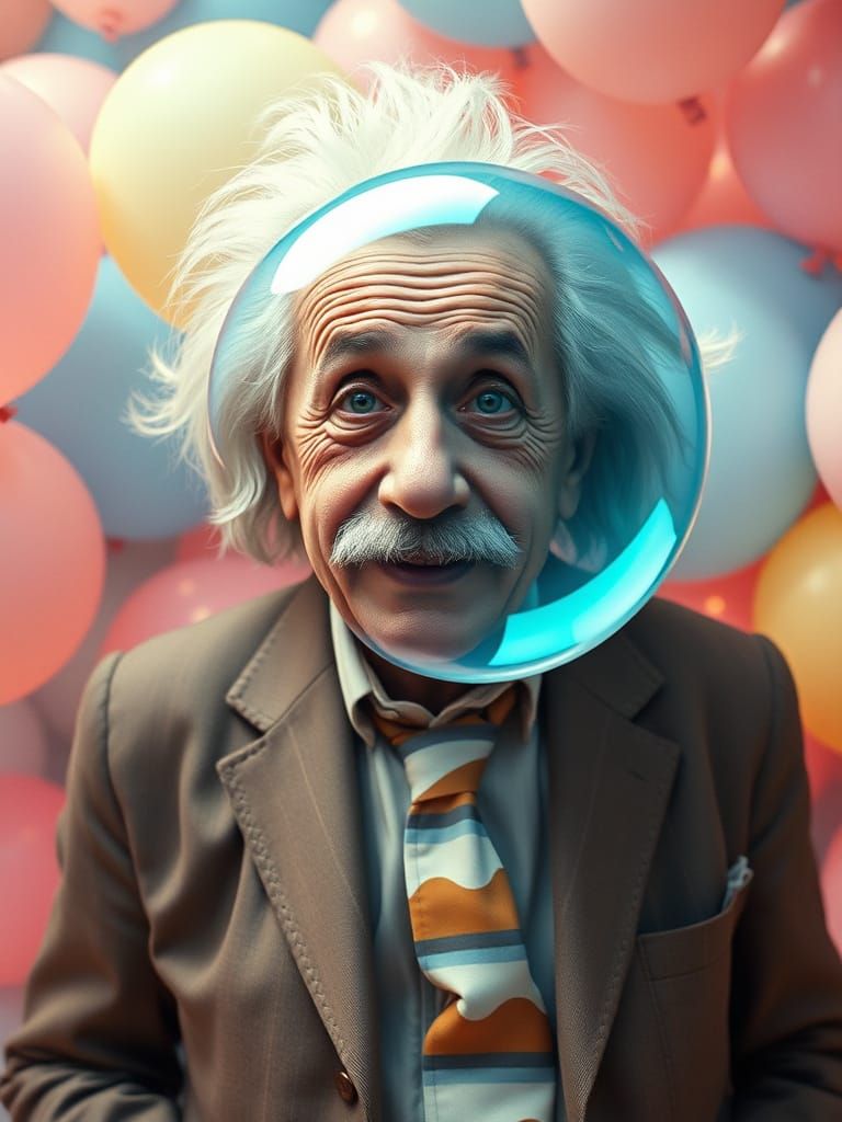 Einstein Surrounded by Whimsical Balloons in Pastel Hues