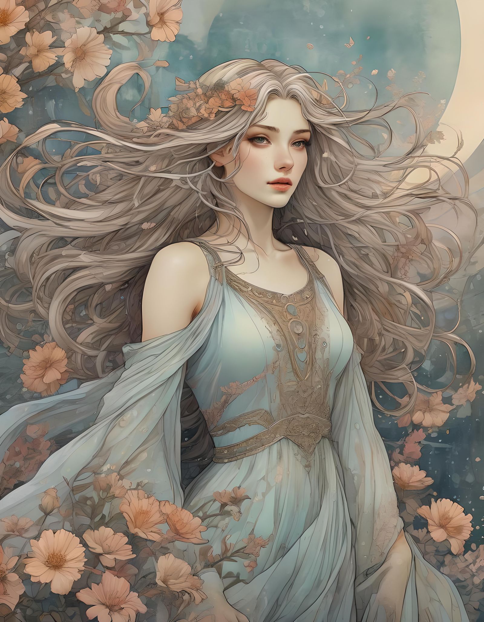 Aetherpunk Art Nouveau Woman in Rain with Flowers