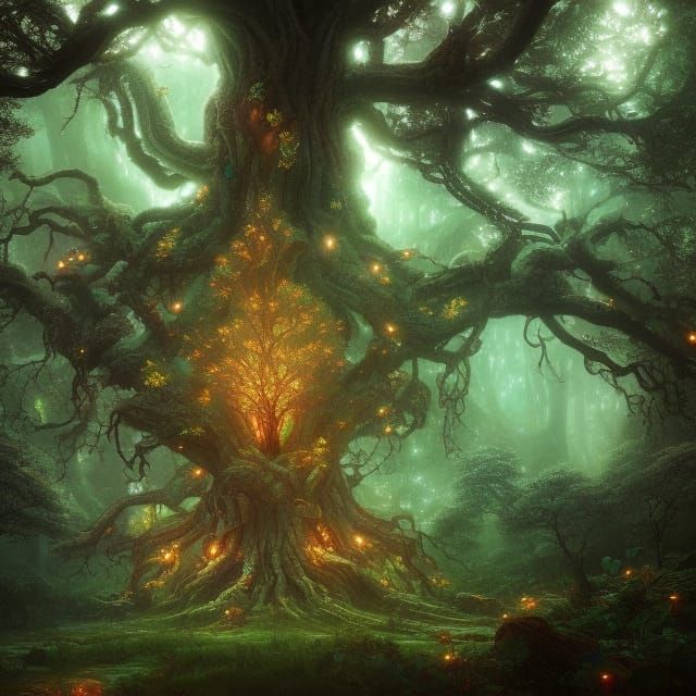 Yggdrasil: Tree of Life with Lanterns in Dark Fantasy Style
