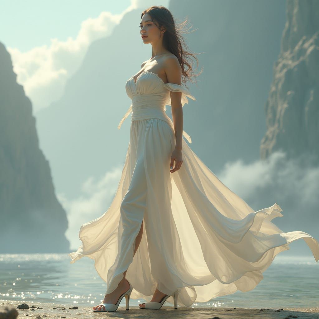 Elegant Lady in White Apparel: Fantasy Concept Art