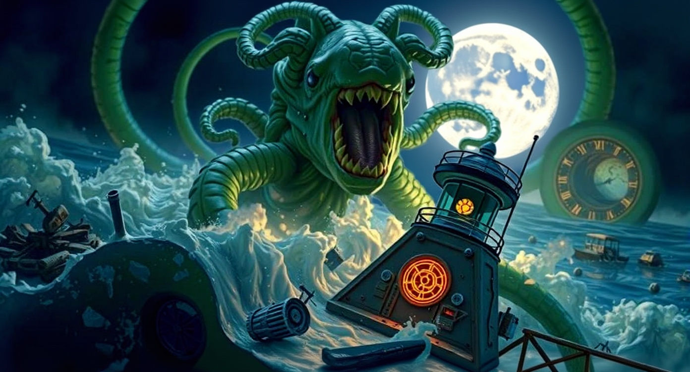 Bioluminescent Tentacle Beast Attacks Retro Lighthouse