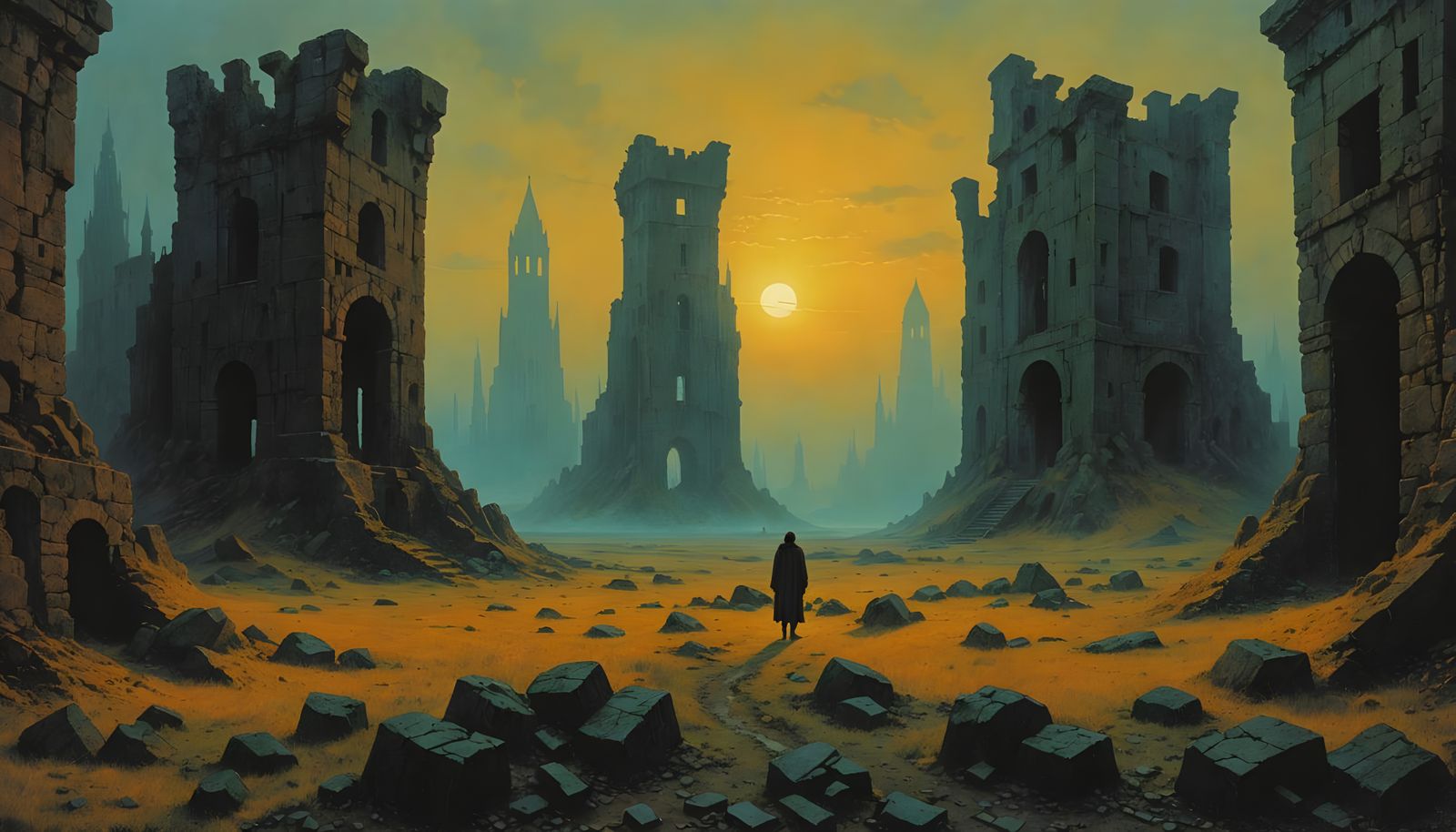 Ancient City Ruins Painted by Zdzislaw Beksinski