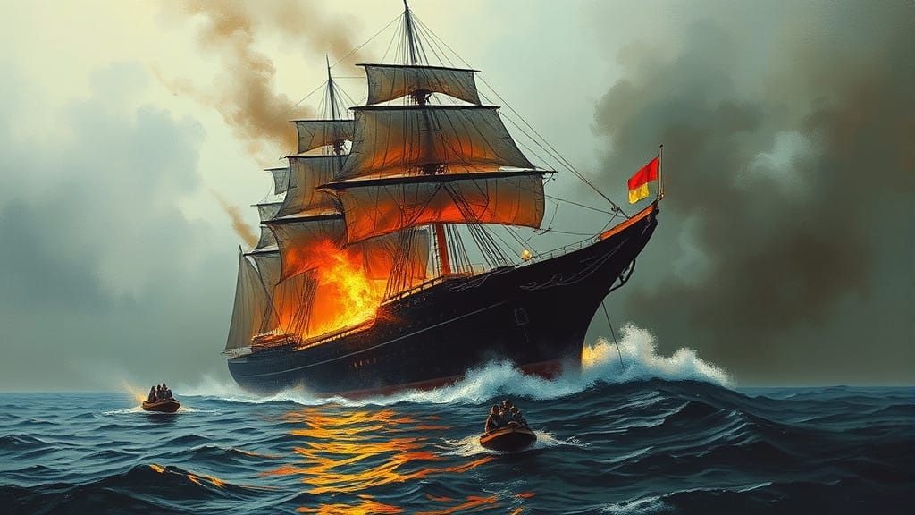 Burning Sailing Ship in Turmoil