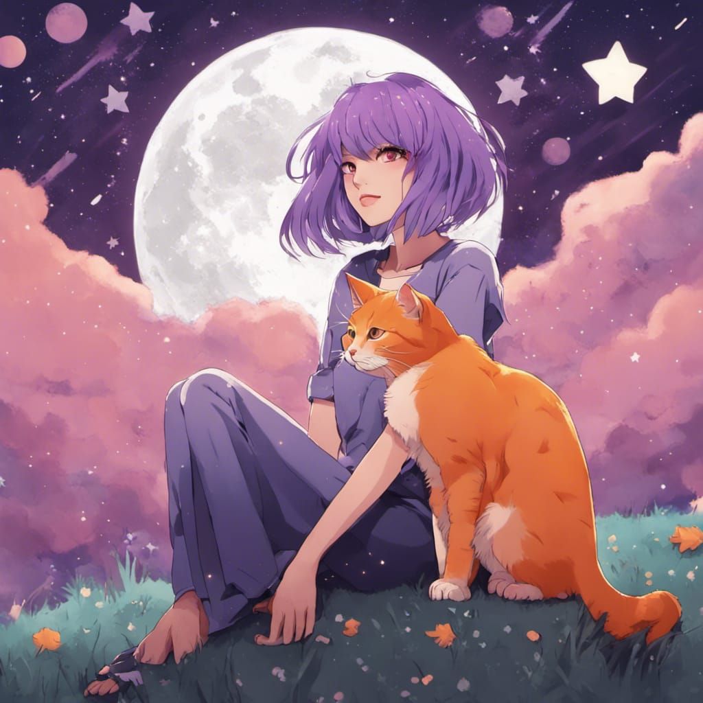 Anime Woman Petting Cat Under the Moon