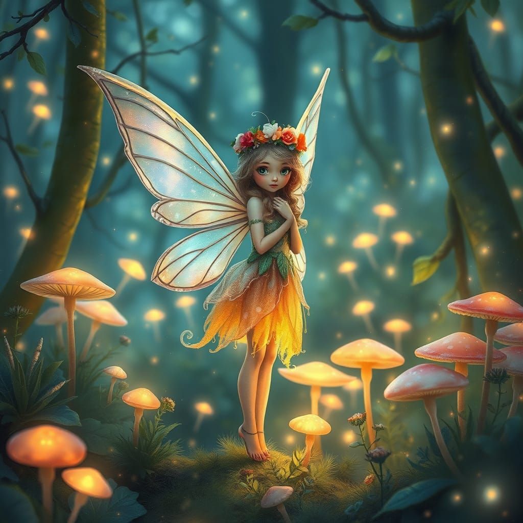 Whimsical Fairy in Enchanted Forest Glowing with Bioluminesc...