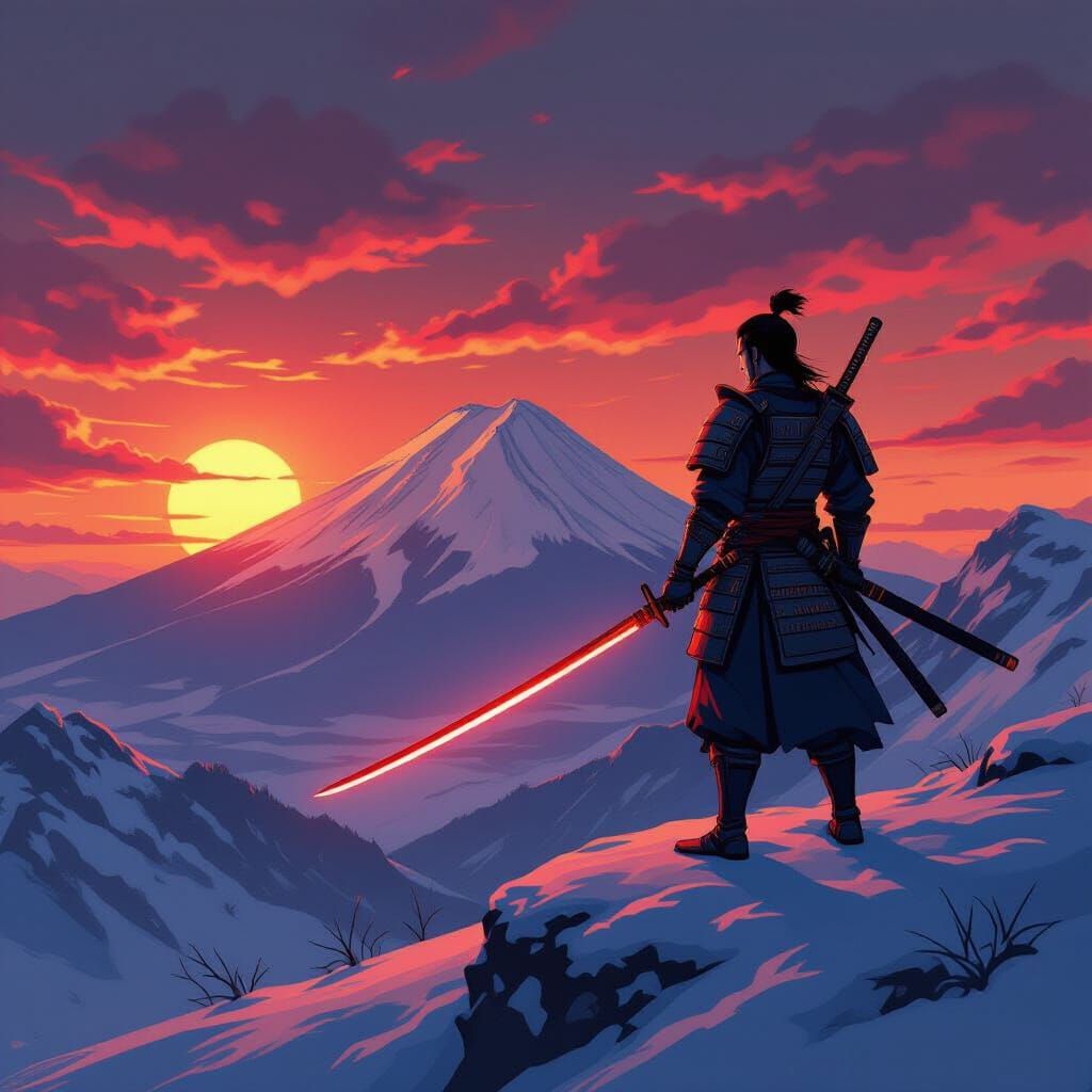 Lone Samurai Sunset: Anime-Style Warrior on Snowy Peak