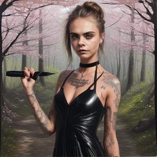 Cara Delevingne Ready for Battle in Forest, Ink Painting