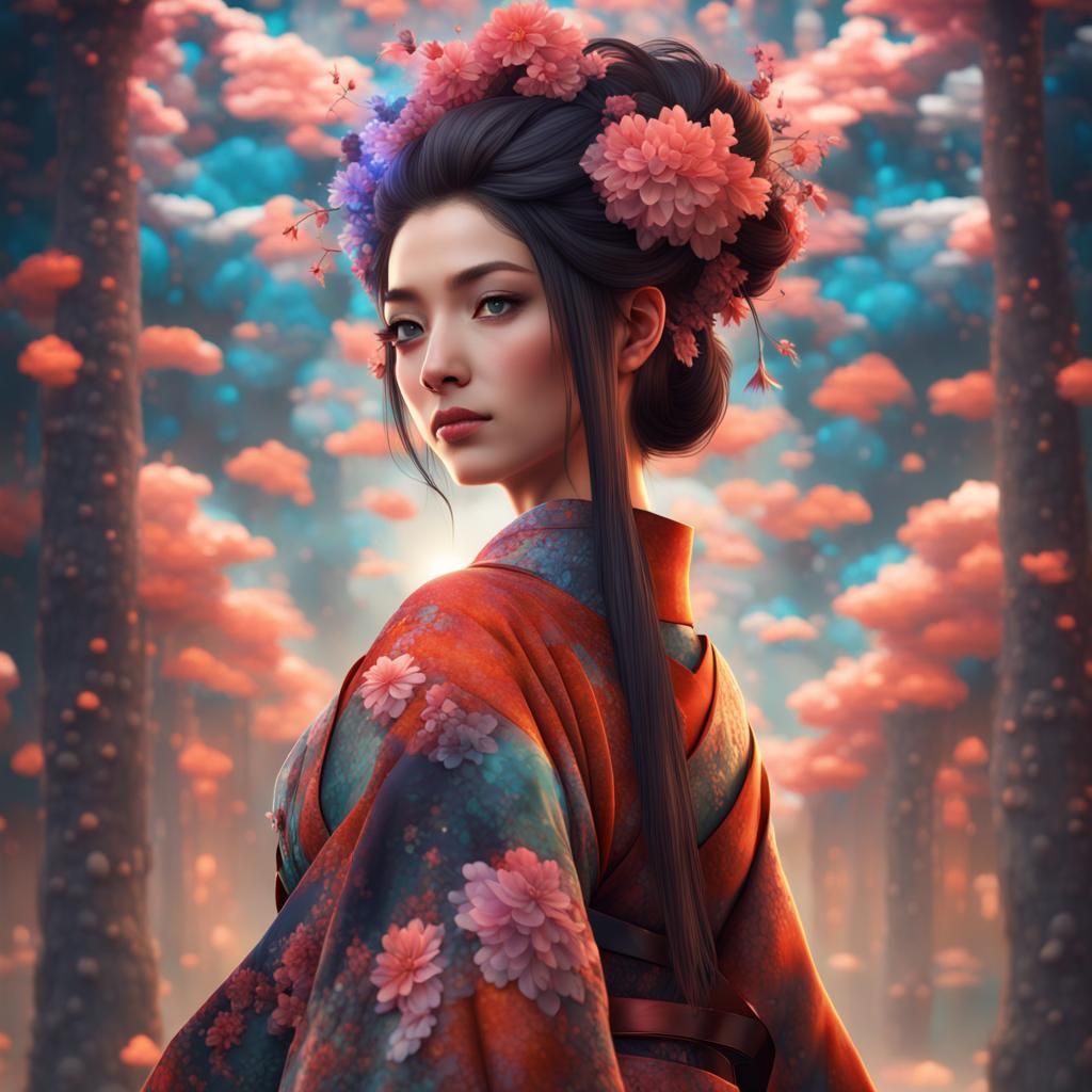 Kimono Girl Made of Colorful Fractals