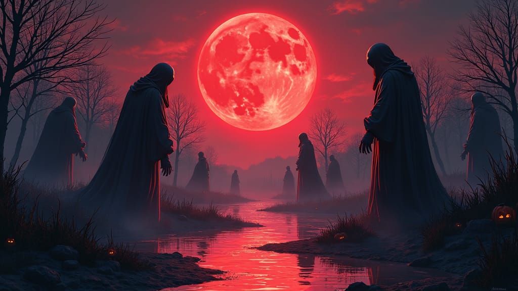 Dynamic Halloween Scene with Blood Moon in Anime Style