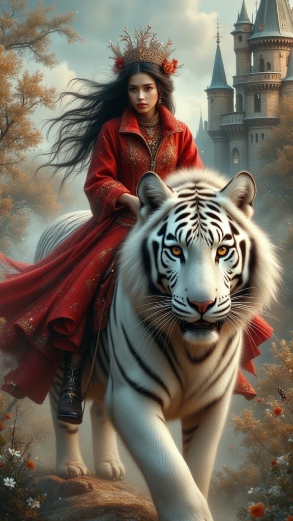 Ethereal Woman Rides White Tiger in Fantasy World