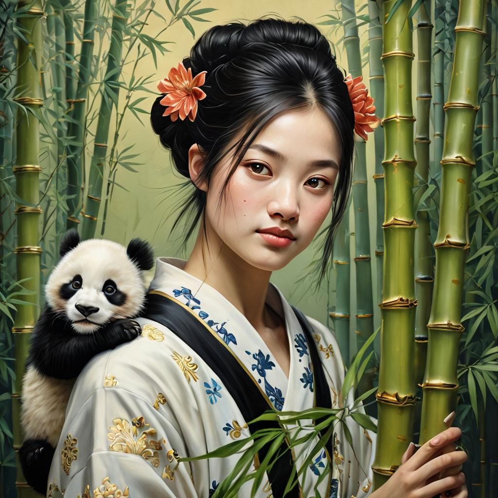 Woman with Panda Hair: Detailed Oil Painting