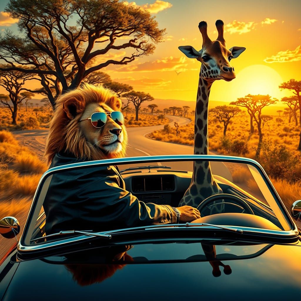 Surreal Safari Car Chase in Vibrant Savannah Landscape