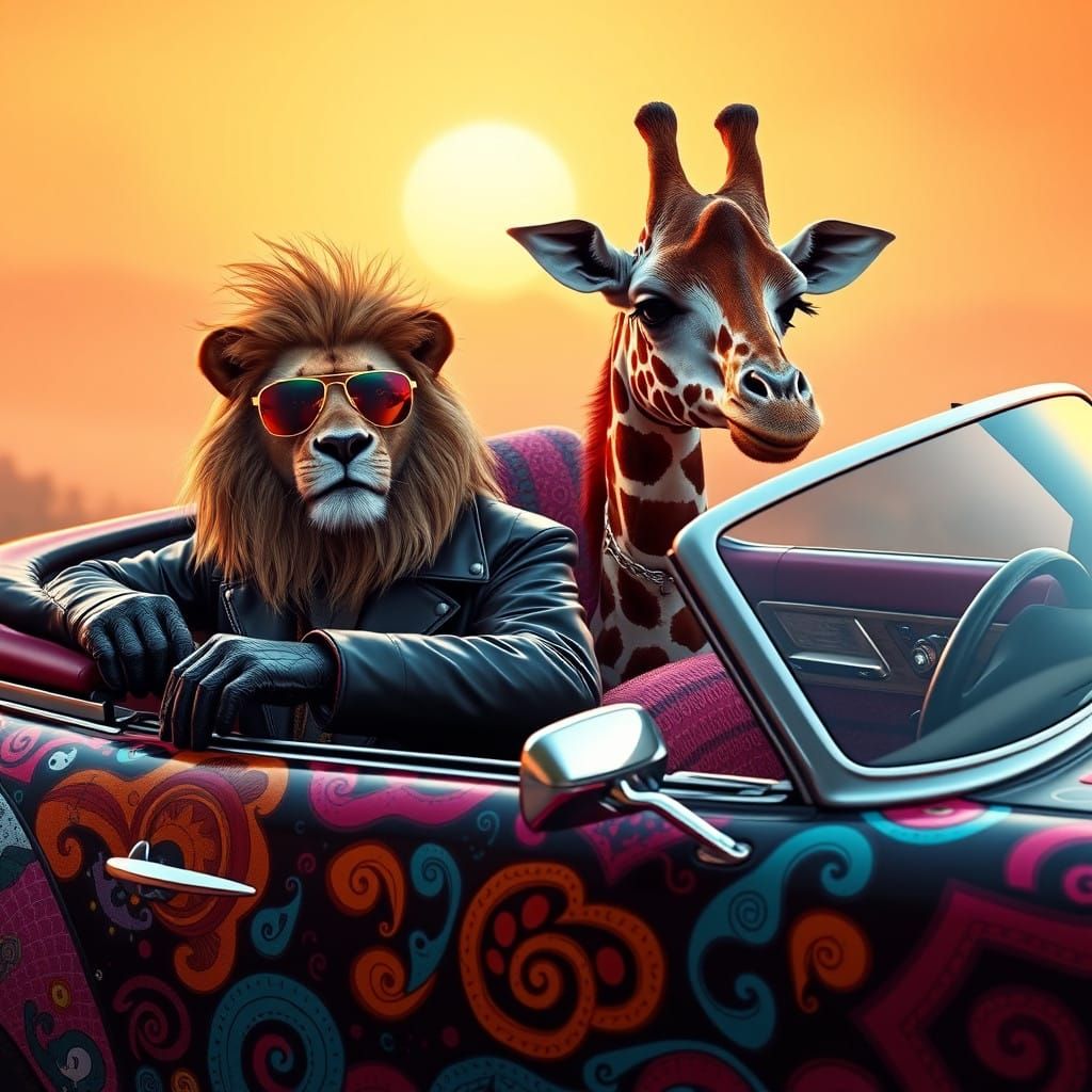 Lion Behind the Wheel of a Vibrant Panda-Themed Car