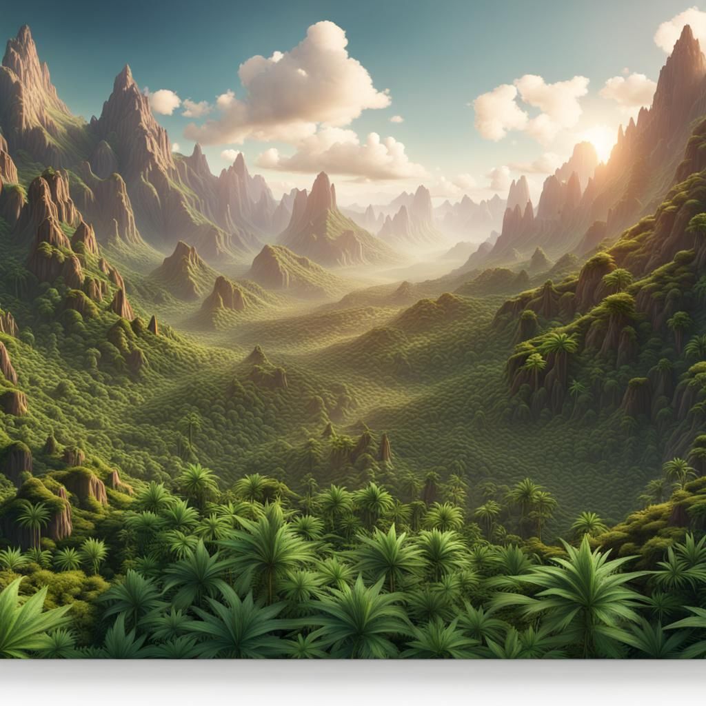 Lush Valley of Cannabis Plants: Fantasy Concept Art