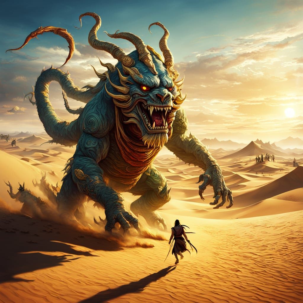 Giant Chinese Spirit Monster in Desert Landscape