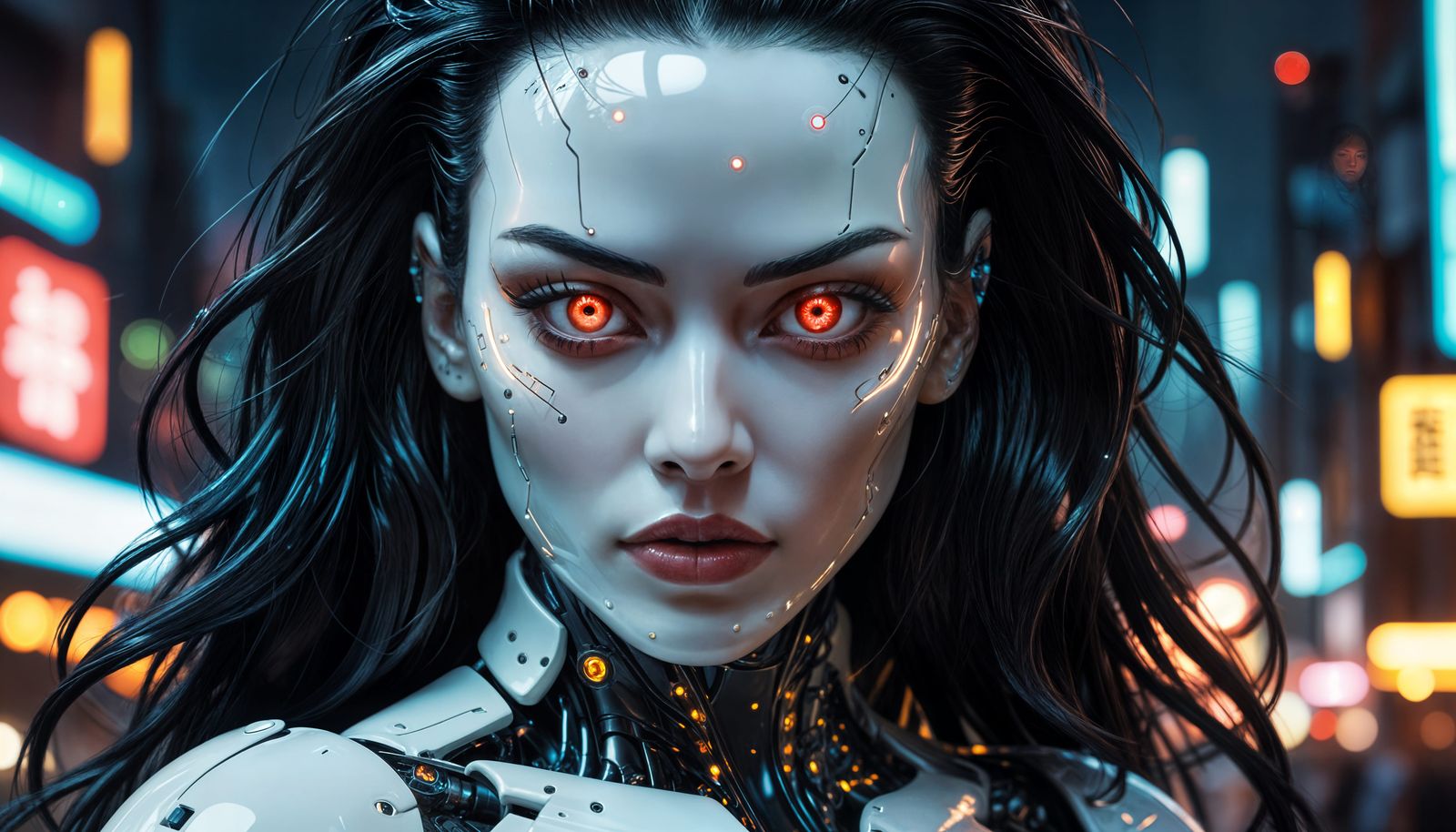 Cyberpunk Android Portrait with Neon Reflections