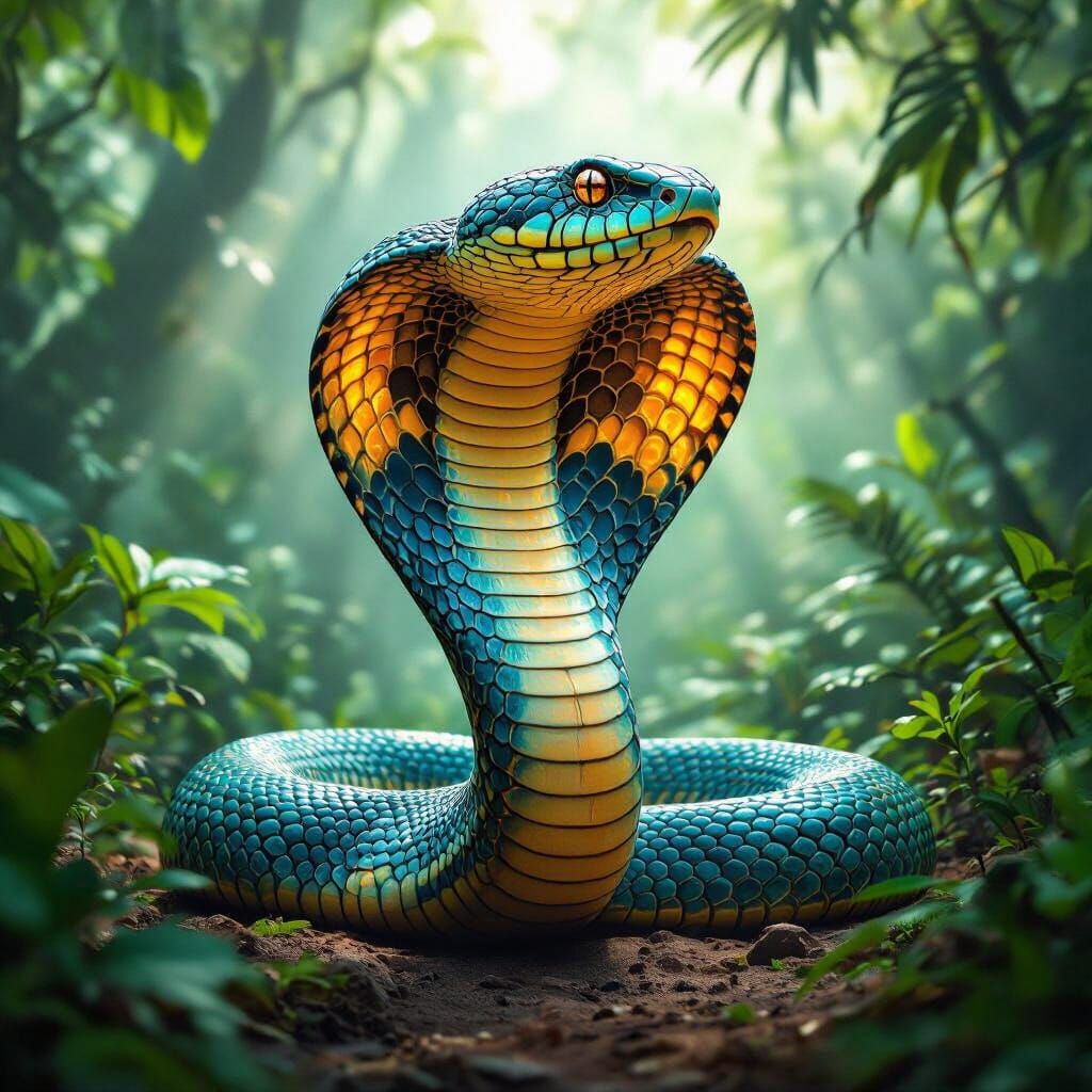 Massive Cobra With Chameleon Patterns in Tropical Jungle