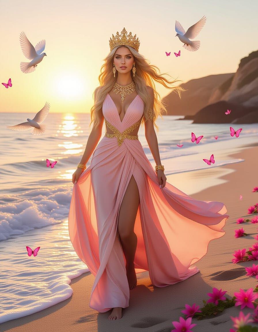 Golden Goddess on Sparkling Beach at Sunset