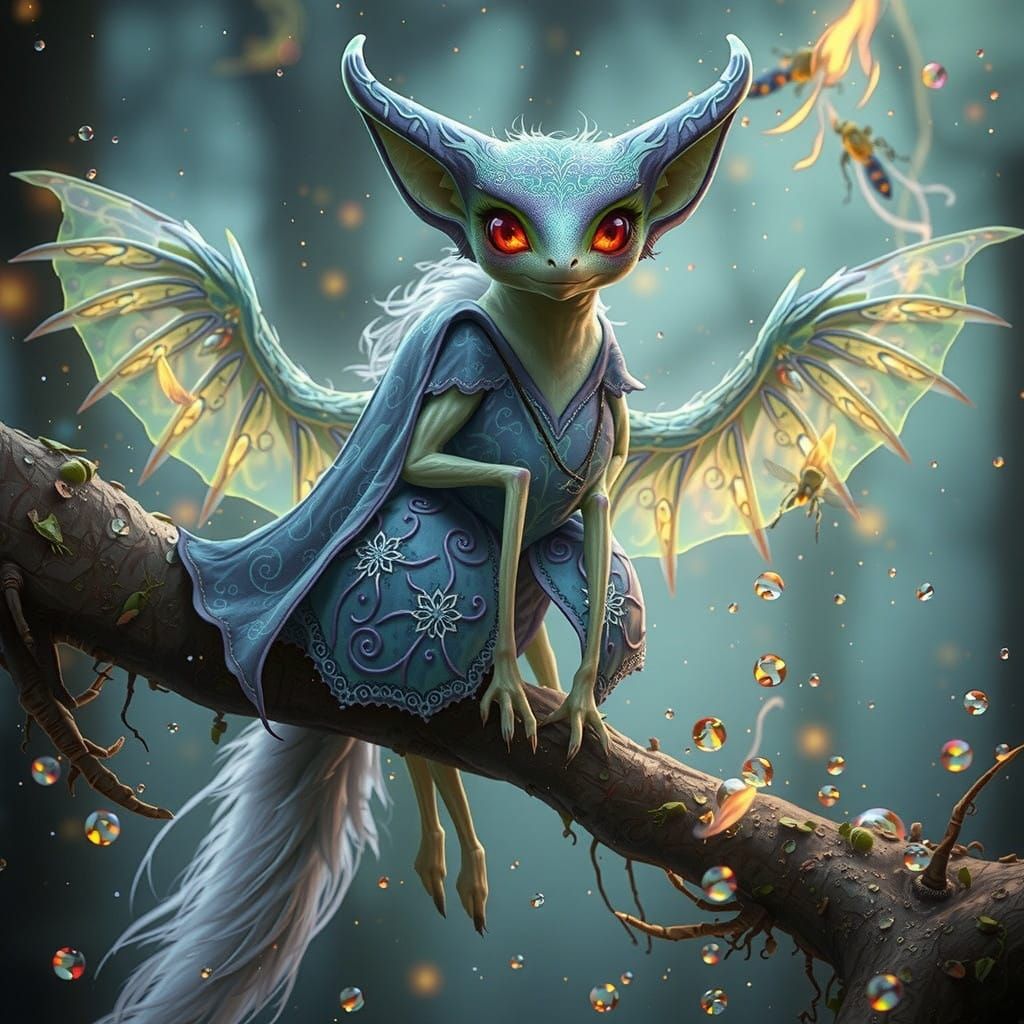 Mystical Firefly in Iridescent Wings and Flowing Cape Amidst...