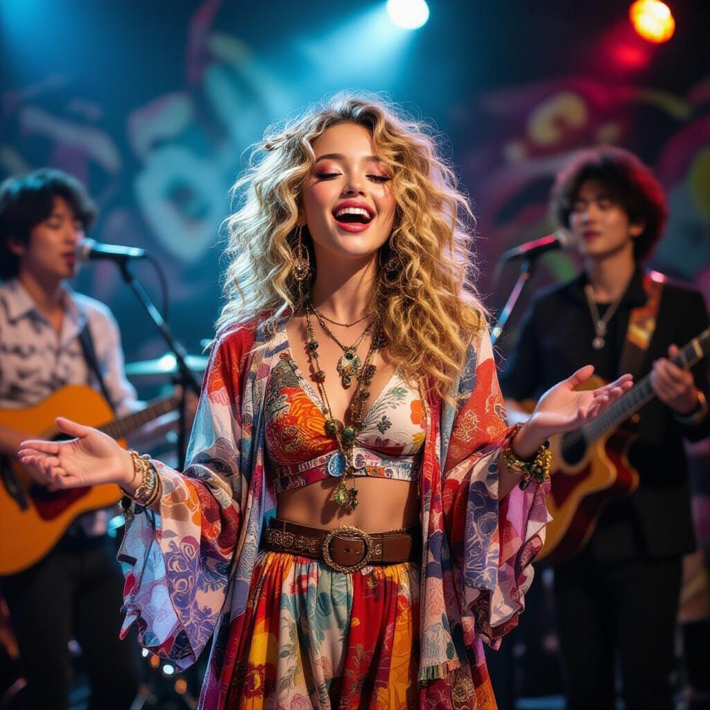 Bohemian Girl Singing with K-Pop Band