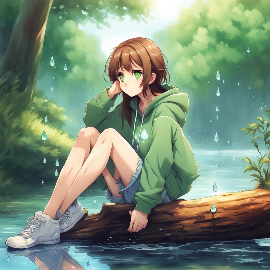 Anime Girl in Hoodie with Water Droplets