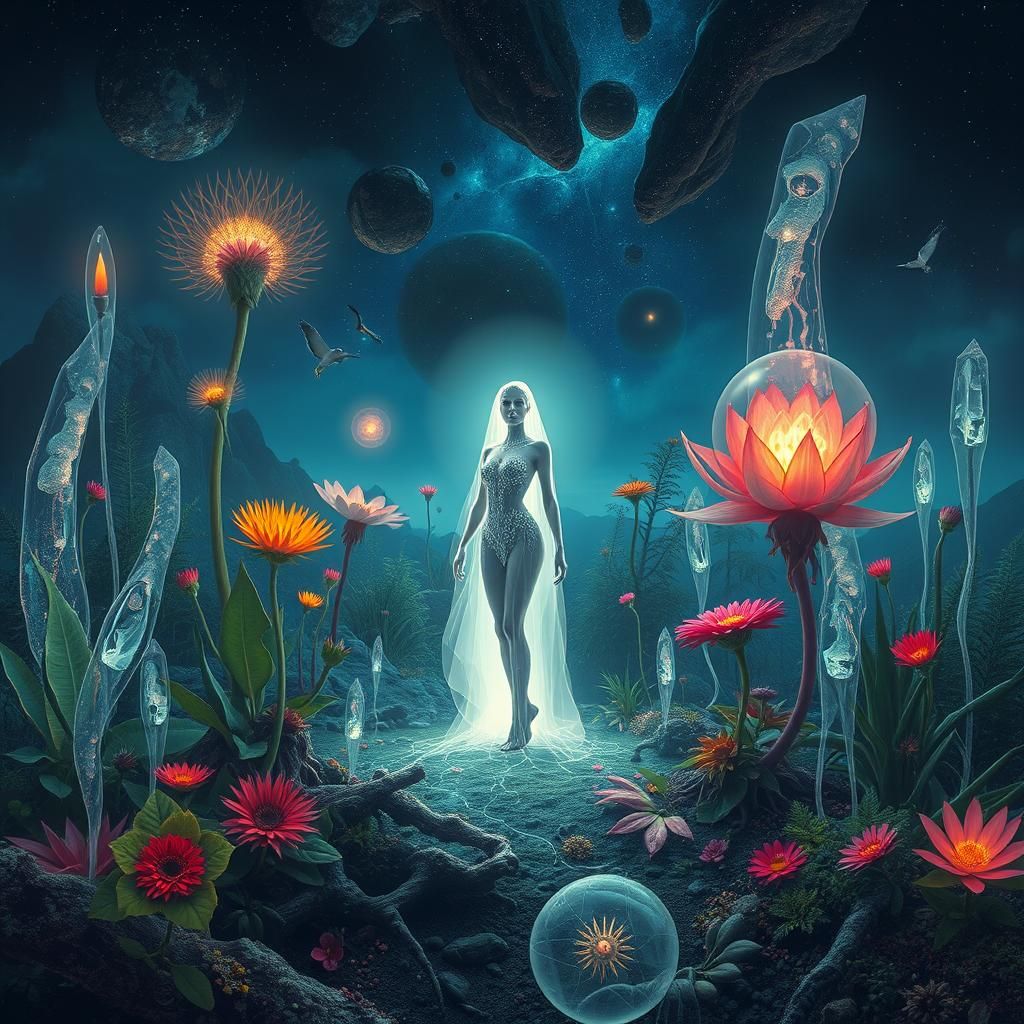 Ethereal Woman in Surreal Dreamscape, Digital Art