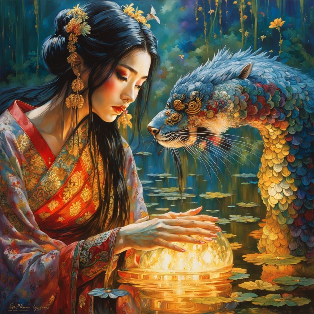 Surreal Geisha Goddess in Vibrant Dress with Cosmic Backgrou...