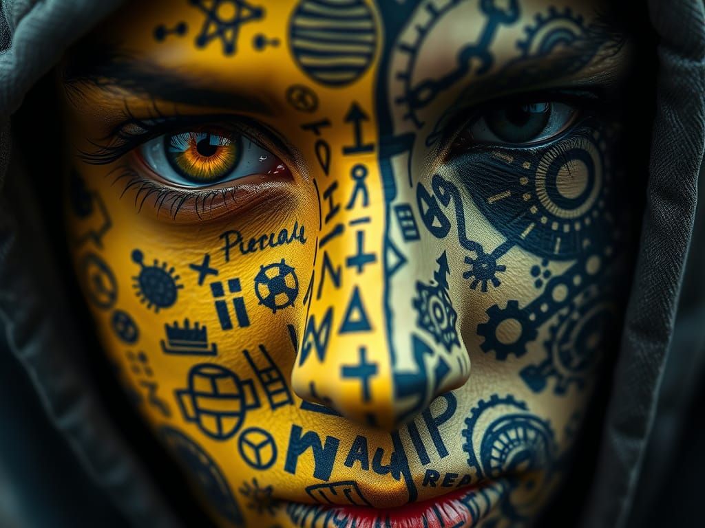 Intricate Face with Mechanical and Symbolic Patterns