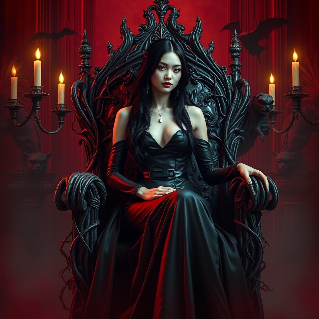 Majestic Asian Vampire Queen Reigns in Dark Gothic Splendor