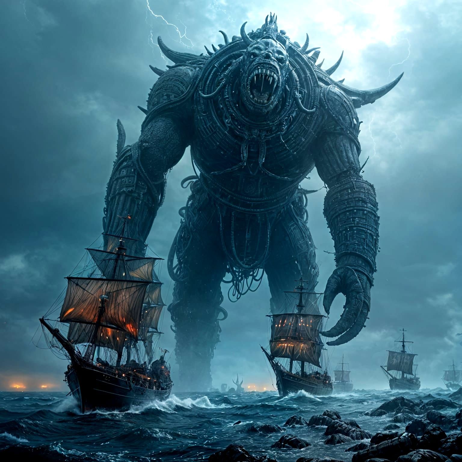 Cyborg Kraken Attacks Viking Ships: Digital Painting