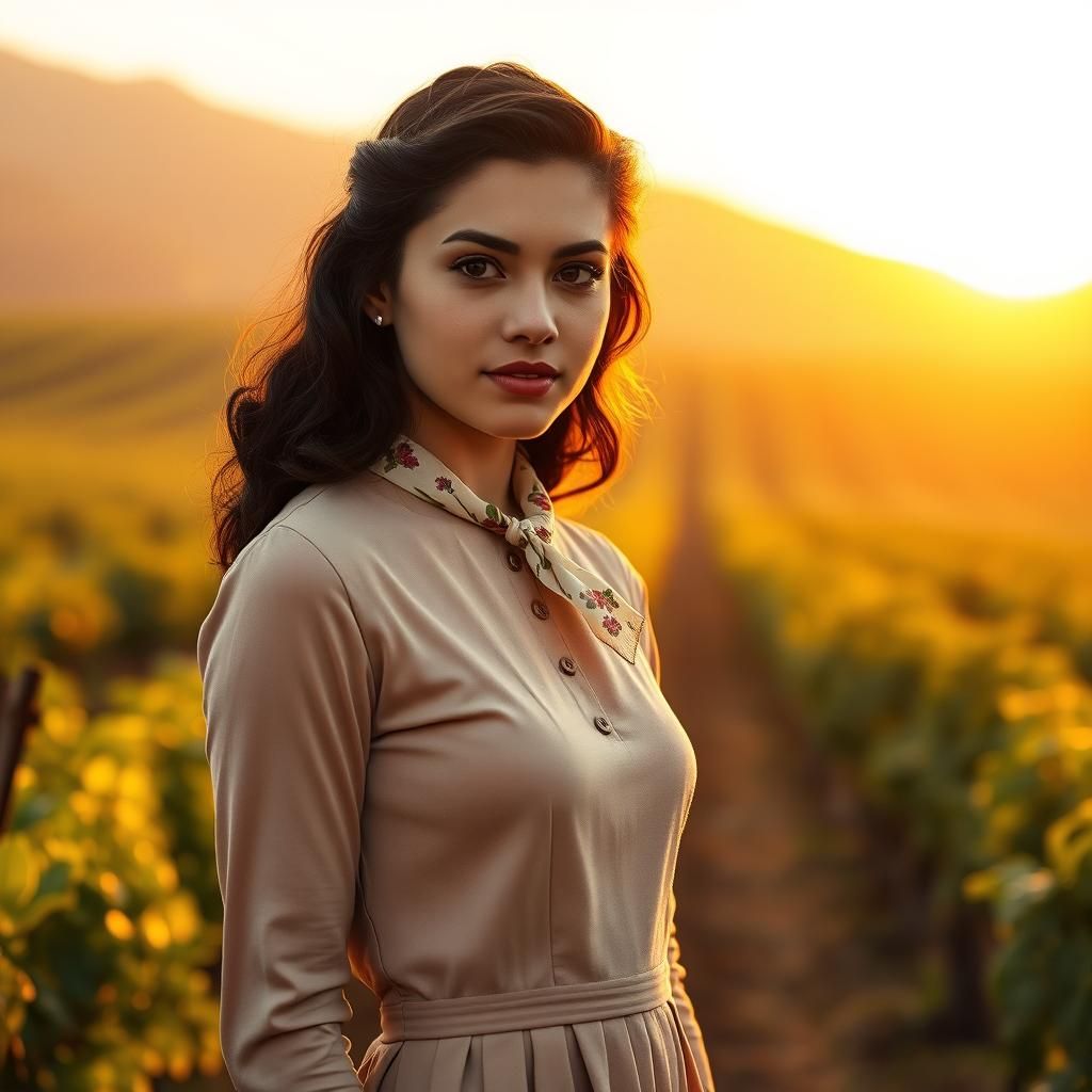 Vintage Portrait of Young Woman in Vineyard