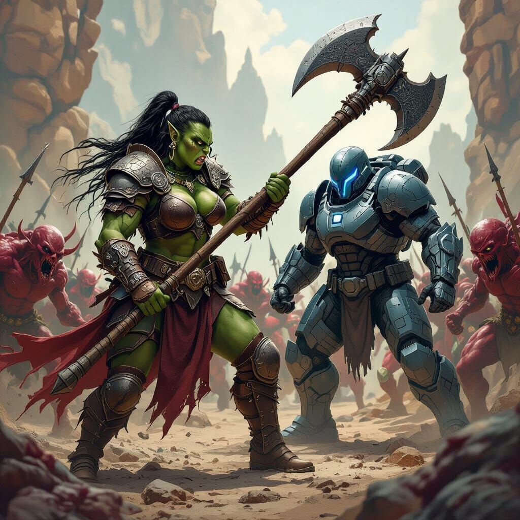 Orc Barbarian & Super Soldier Battle Demons in Comic Style