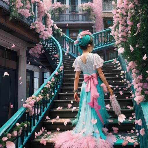 Knolling Still Life with Staircase, Feathers, and Flowers